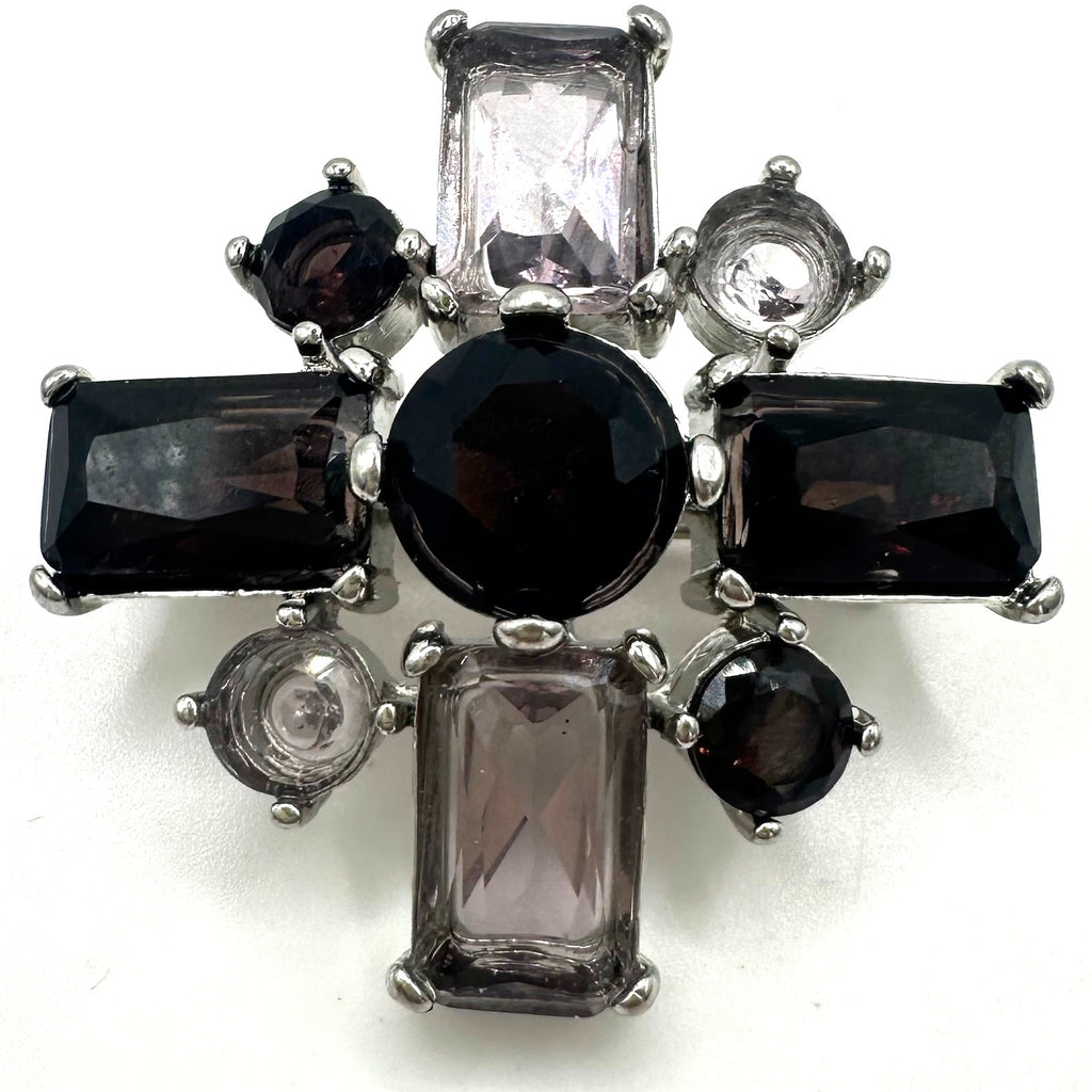 Vintage silver tone rhodium plated purple rhinestones Maltese cross brooch