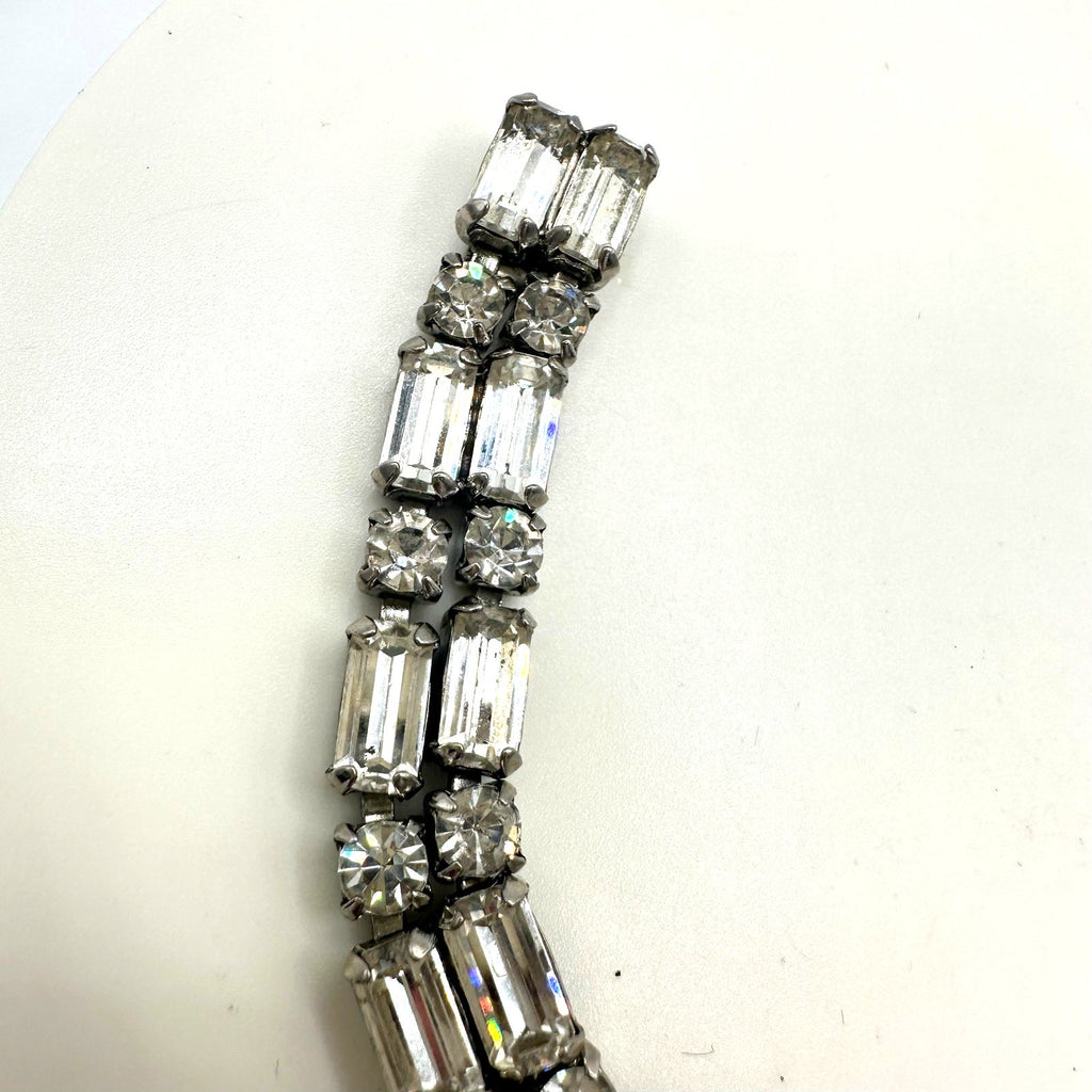 1950s vintage silver tone 2 row clear faceted glass rhinestones tennis bracelet
