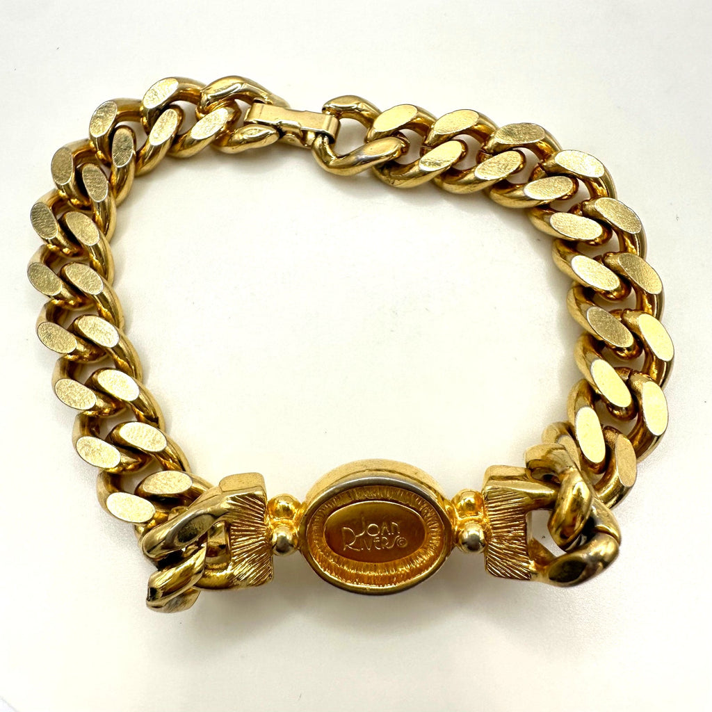 Joan Rivers vintage gold tone black glass cabochon rhinestones chain bracelet