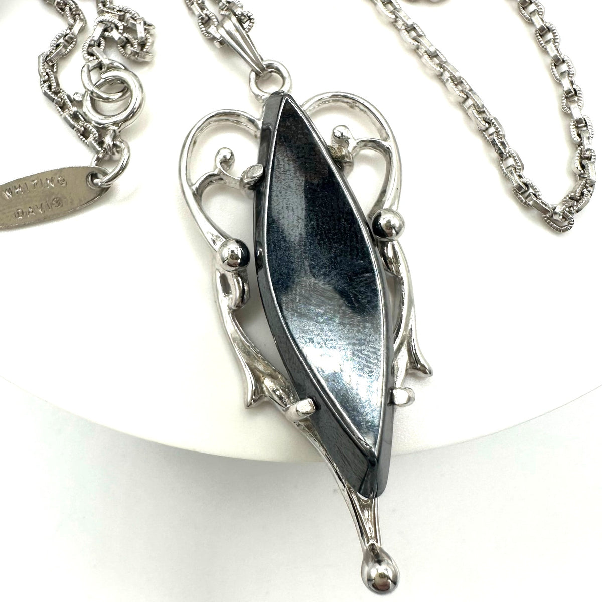 Whiting & Davis vintage silver tone faux hematite necklace ring clip on earrings