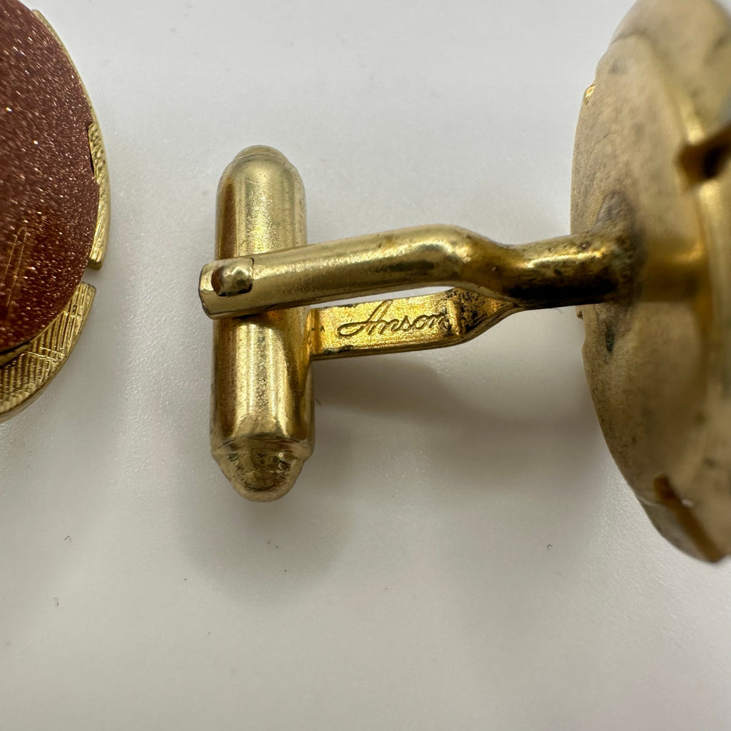 Anson vintage gold plated oval brown glittering goldstone sunstone cufflinks