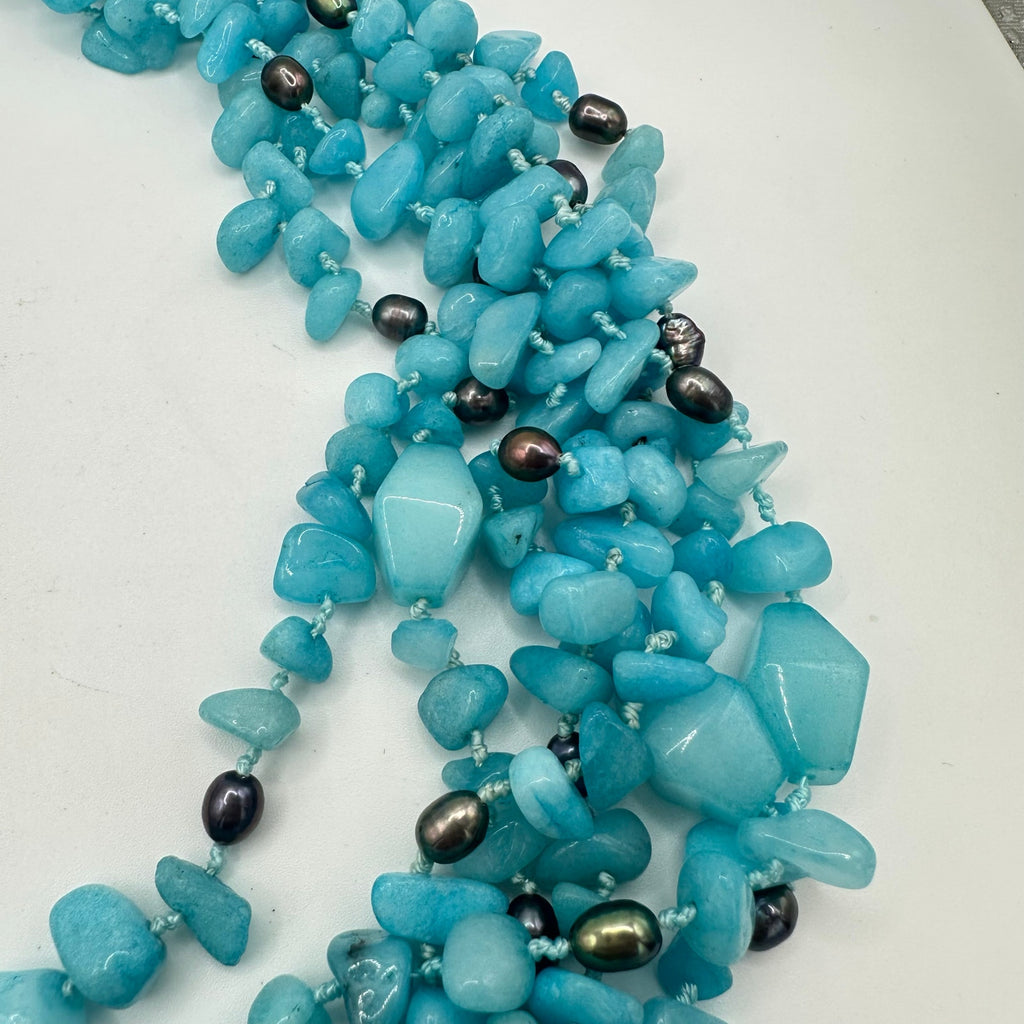 Handmade Caribbean blue quartz freshwater pearls 6 multi strand beaded necklace