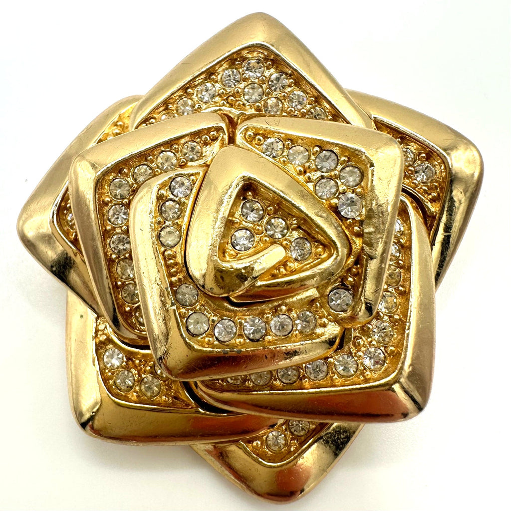 Rare Christian Dior 80s vintage gold plated clear crystals geometric rose brooch