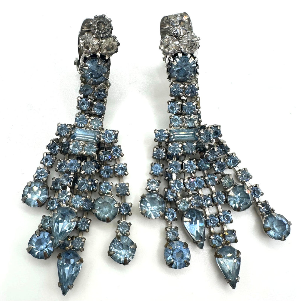Vintage silver tone light blue clear rhinestones drop fringe clip on earrings