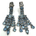 Vintage silver tone light blue clear rhinestones drop fringe clip on earrings