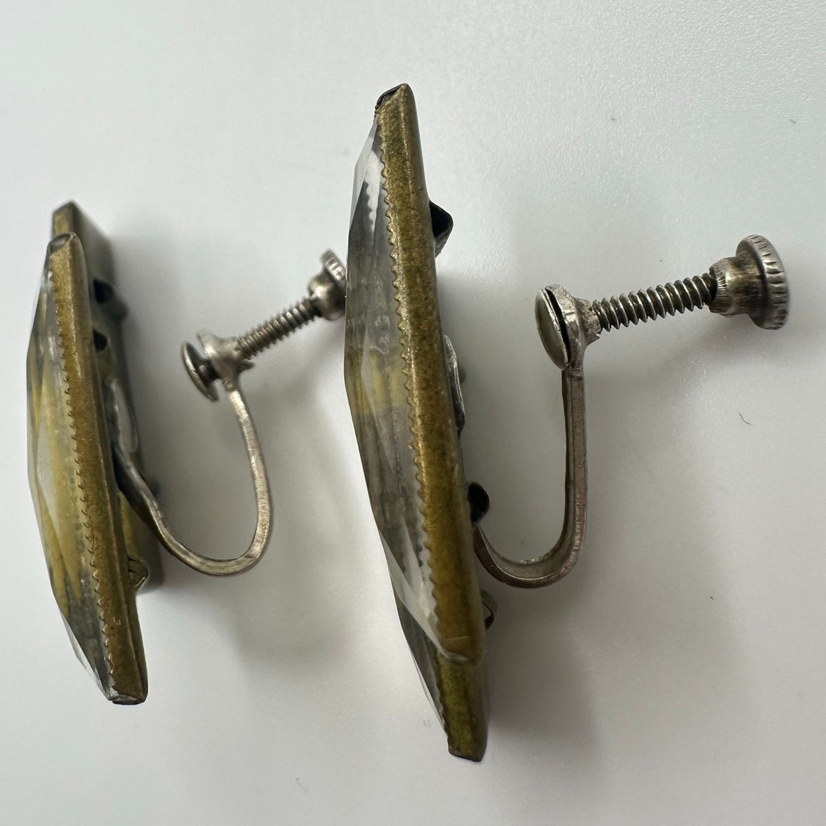 Antique Art Deco 1920s brass Czech glass sterling silver screw back earrings