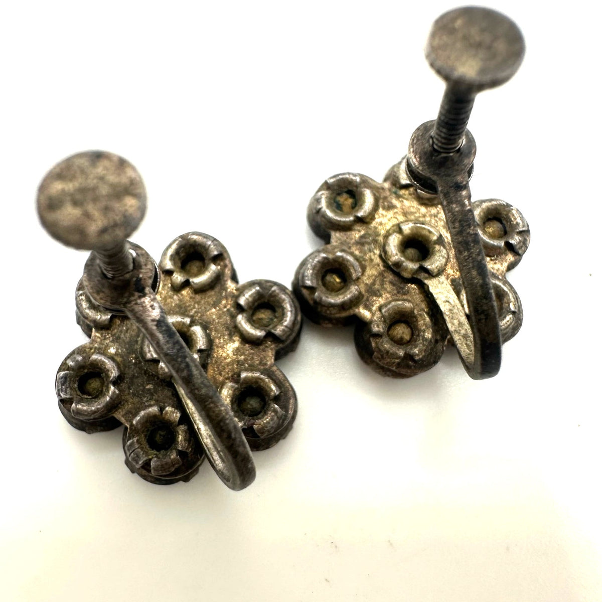 Antique vintage sterling silver blue glass rhinestones screw back earrings