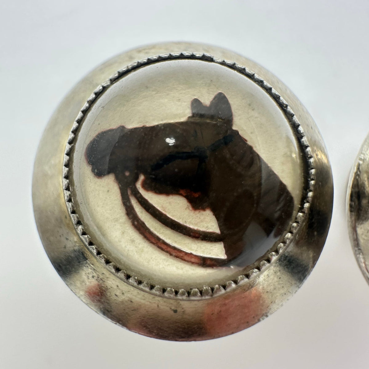 Vintage silver tone domed glass reverse painted intaglio horses cameos cufflinks