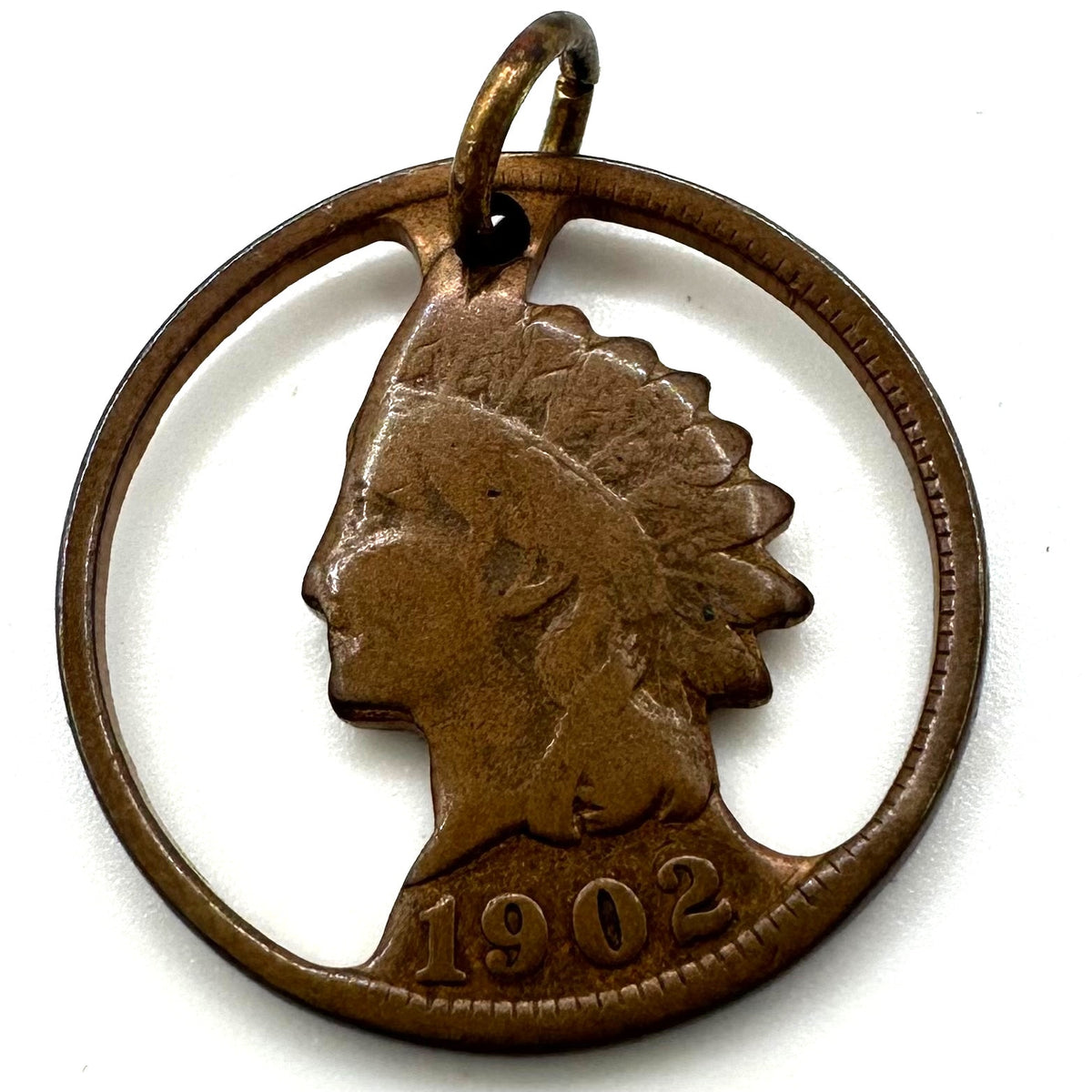 Antique 1902 antique American Indian Head Penny coin cut out pendant charm