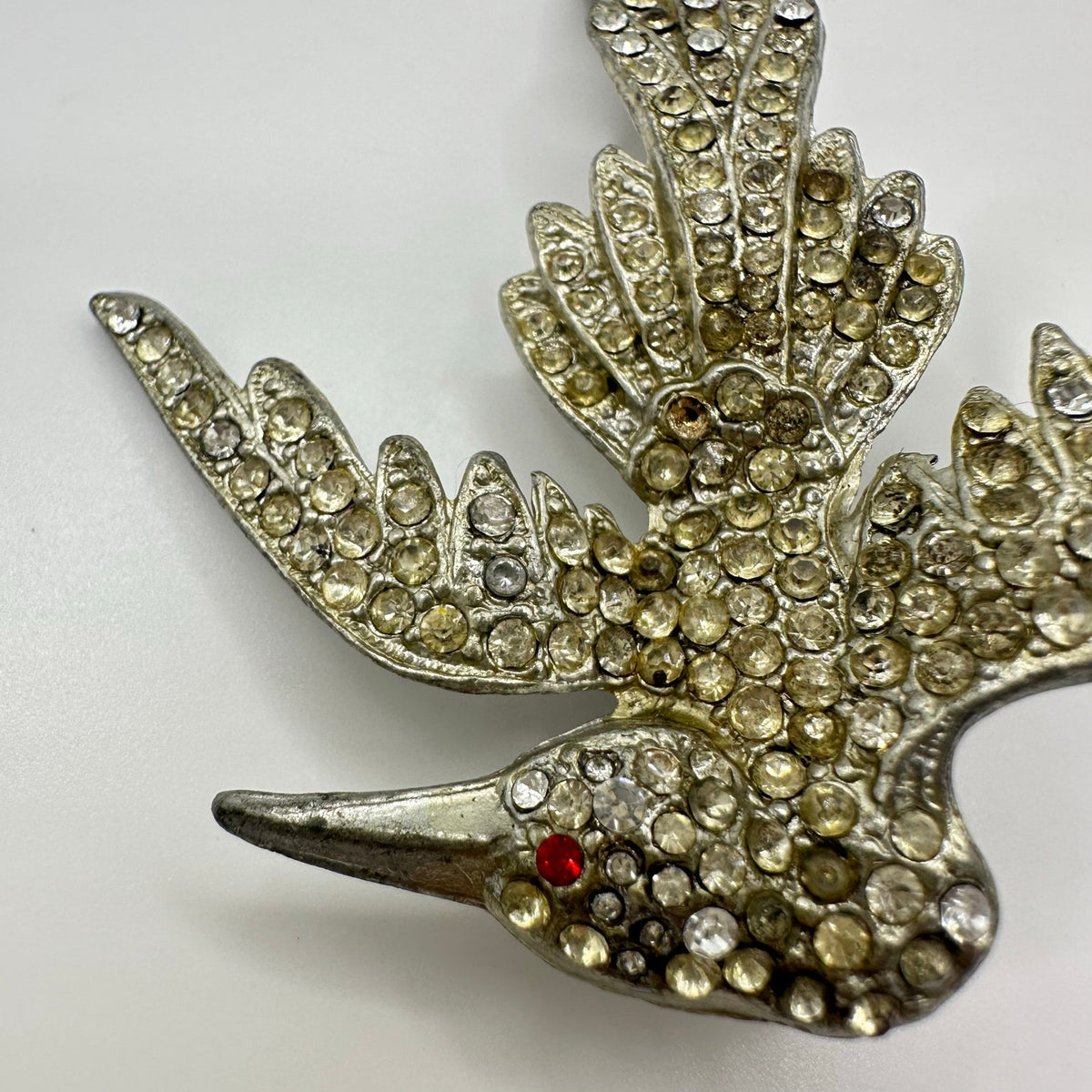 Antique Art Deco 1930s silver pot metal clear red rhinestones bird brooch