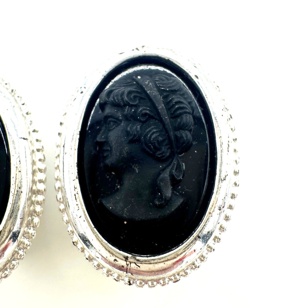 Vintage silver tone oval black glass mirrored cameos clip on earrings