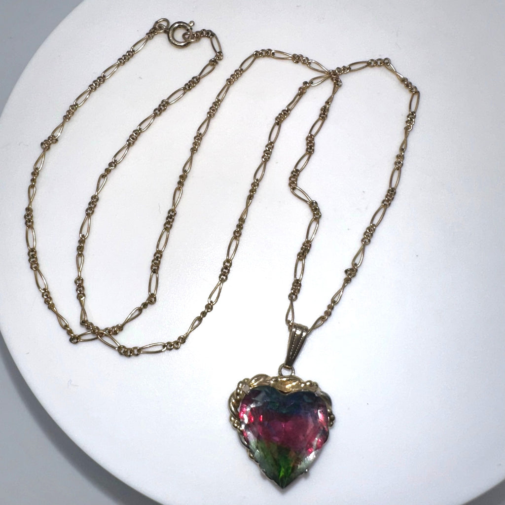 Vintage iris glass heart pendant on Atlas 12kt gold filled 18” chain necklace