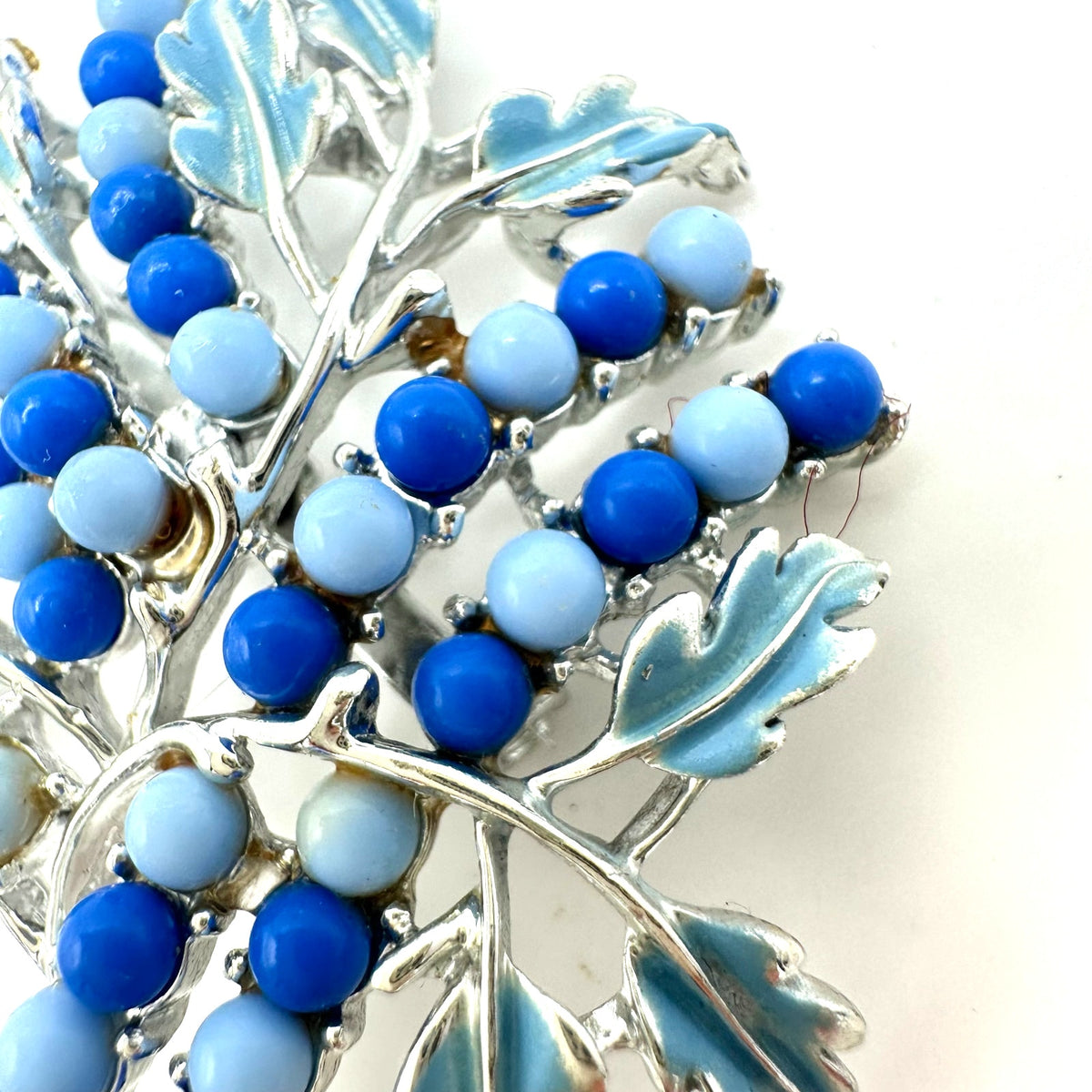 Coro signed vintage silver tone blue enamel beaded leaf leaves brooch