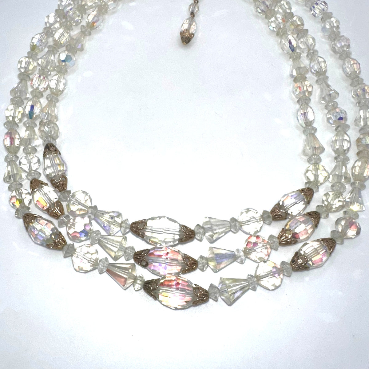 Vintage triple strand AB glass beaded gold tone filigree rhinestone necklace