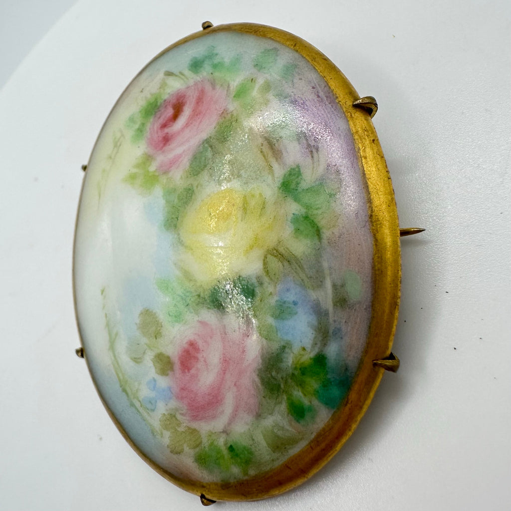 Antique Victorian Edwardian hand painted pink green yellow blue floral brooch