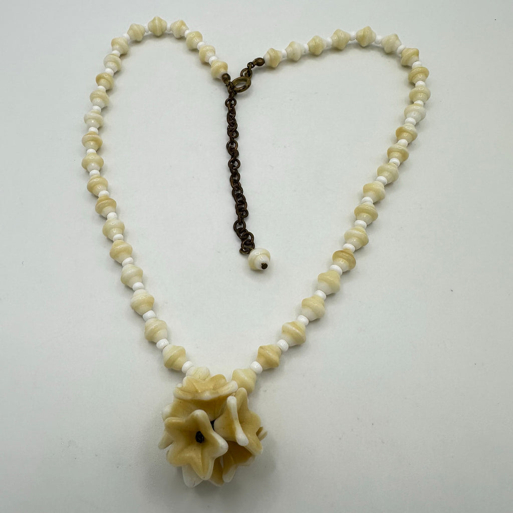 Antique vintage cream Czech glass pressed beads flowers beaded brass necklace