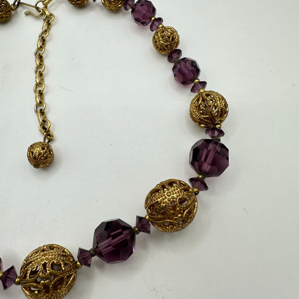 1950s vintage purple glass beads gold tone filigree graduated necklace
