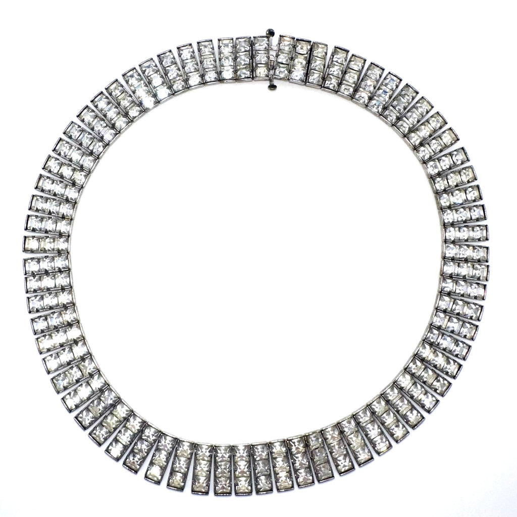 Antique Art Deco 1930s silver tone clear Czech glass rhinestones necklace