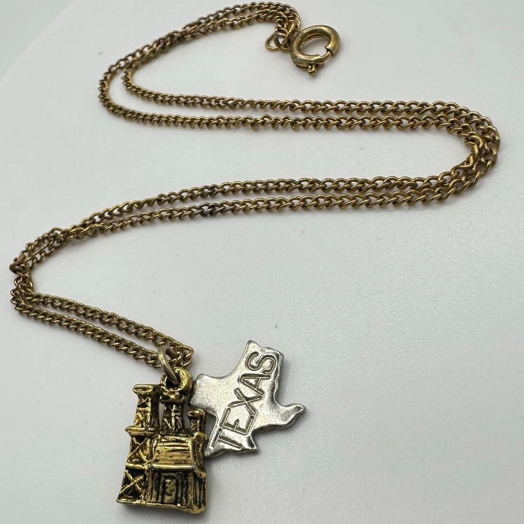 Gold tone nickel silver Texas oil derrick rig pendant charm 16" chain necklace
