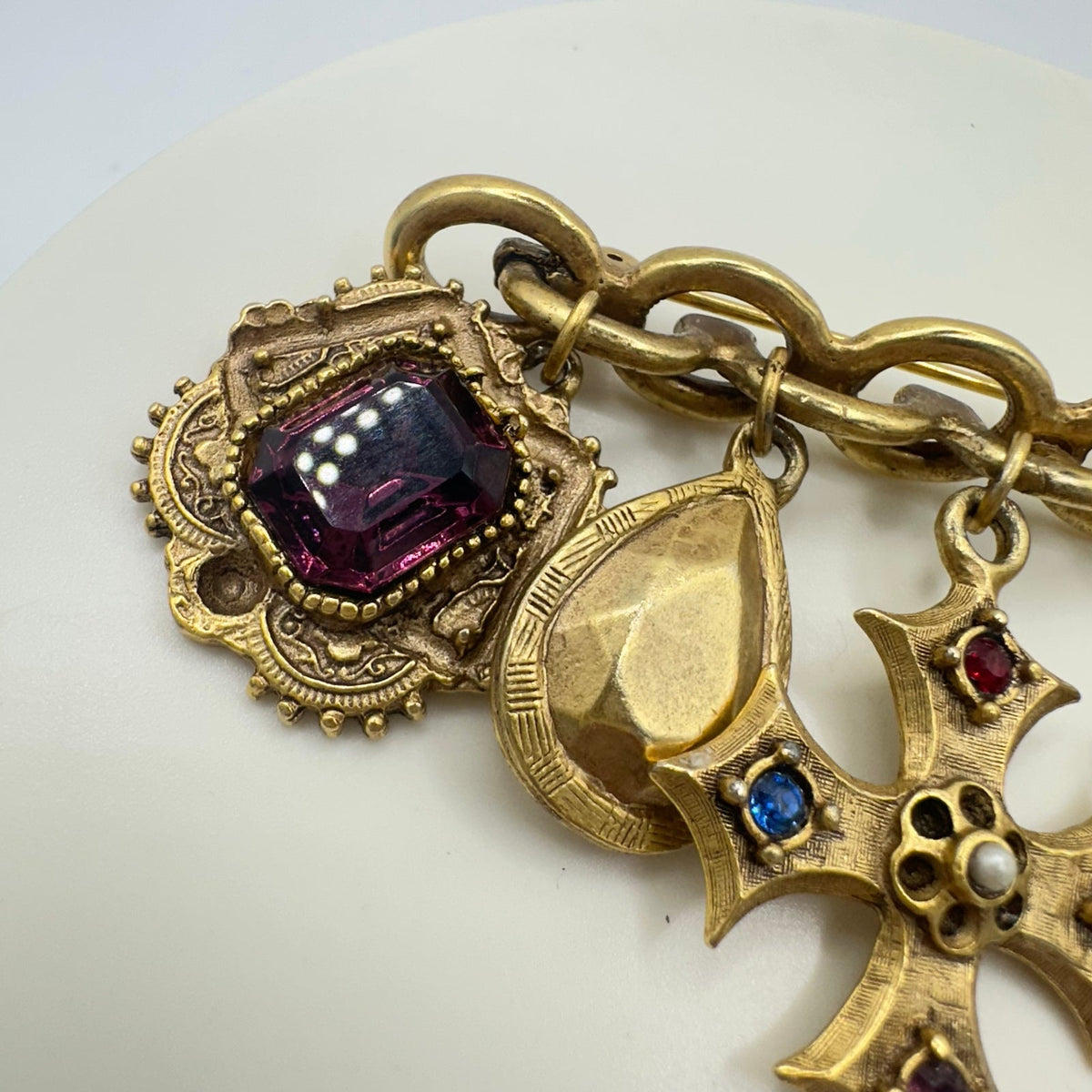 Vintage gold tone Victorian Revival 5 dangling charms crown Maltese cross brooch