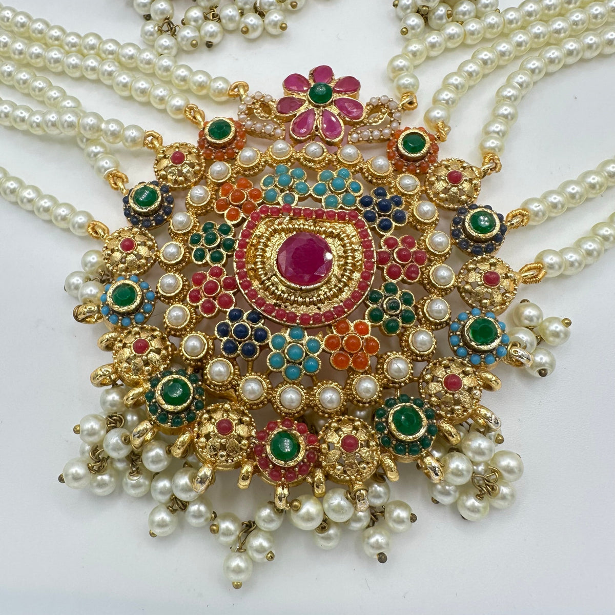 Indian gold kundan pearl gems necklace earrings maang tikka full mala set