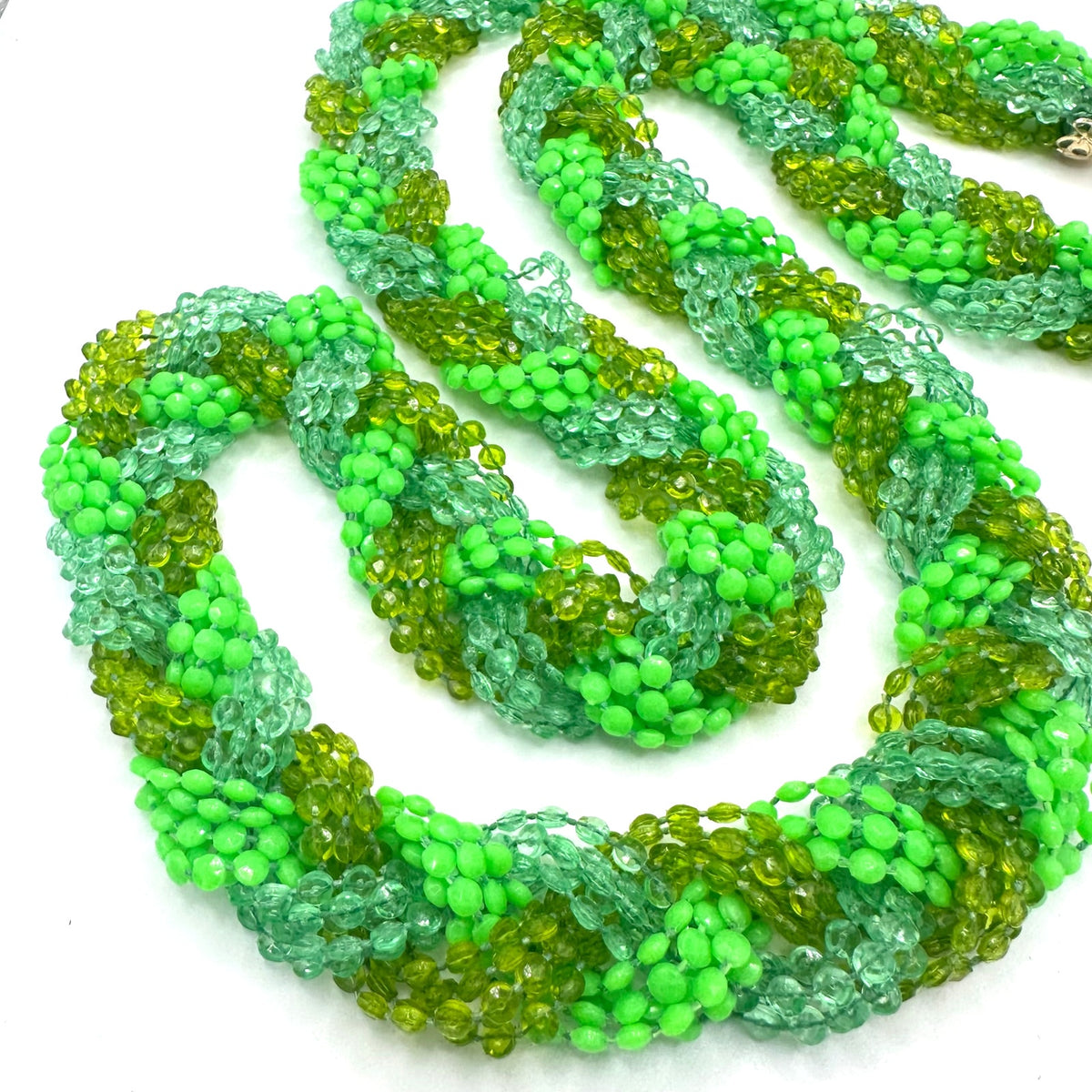 Hong Kong vintage 40" multi strand braided green lucite beads beaded necklace
