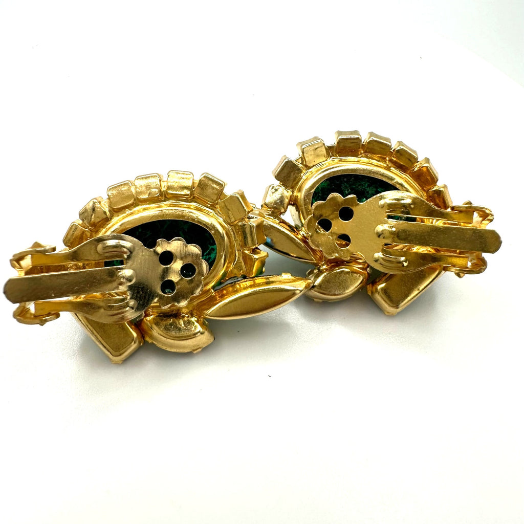 Juliana 1960s vintage gold tone green art glass AB rhinestones clip on earrings