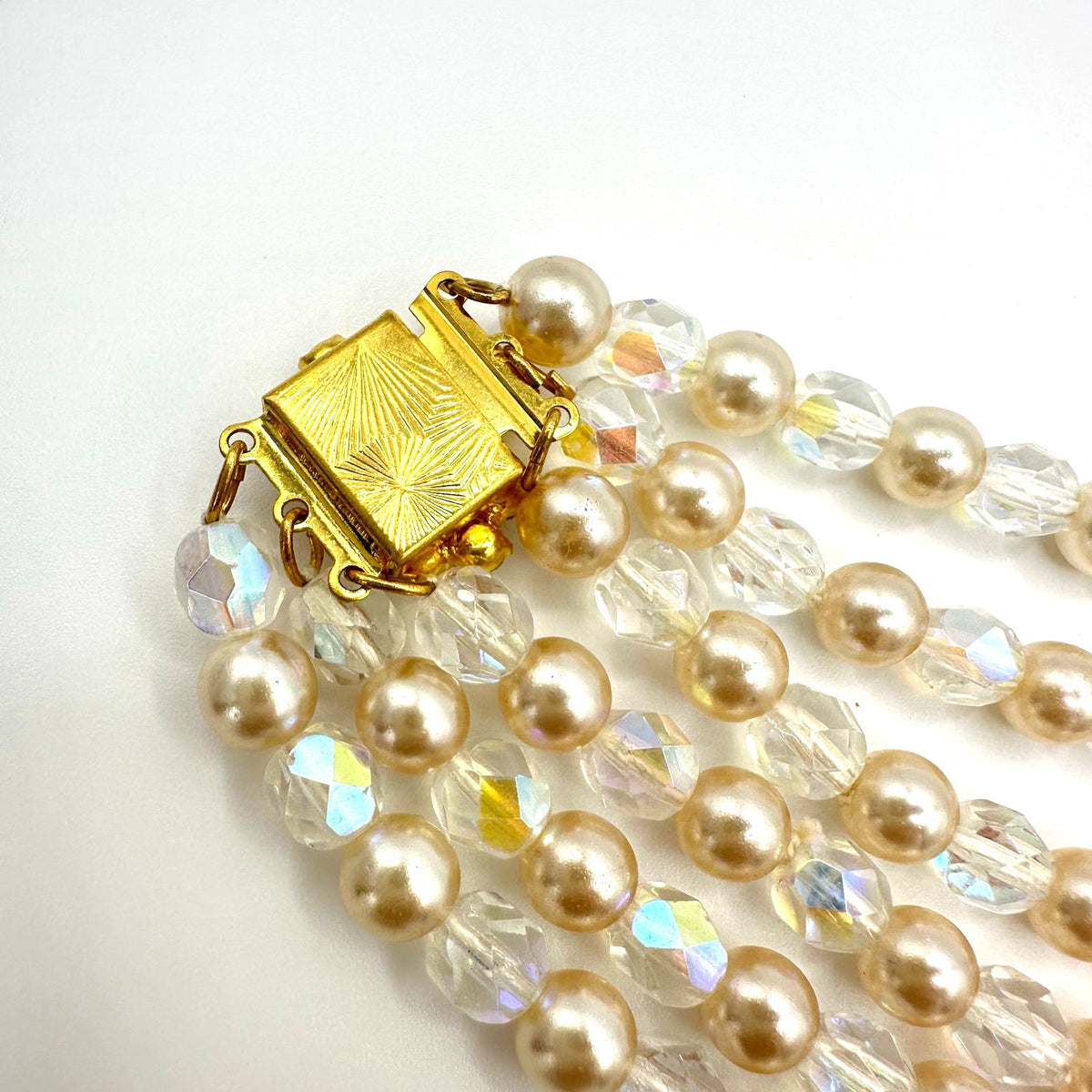 Vintage 3 multi strand AB aurora borealis glass pearls beaded necklace