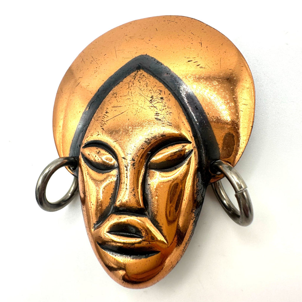 Vintage Elzac style solid copper gold silver tone tribal face figural brooch