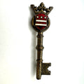 Vintage gold tone Heraldic red white enamel crest shield crown key stars brooch