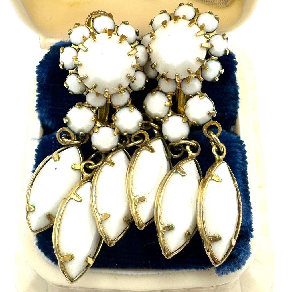 Vendome gold tone white milk glass rhinestones dangle clip on earrings