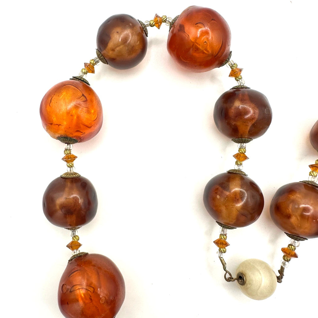 Antique 1920s 1930s Art Deco faux amber large lucite beads beaded 21" necklace