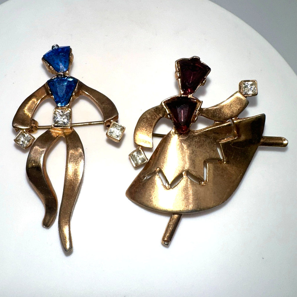 1940s vintage gold tone dancing couple purple blue rhinestones figural brooches