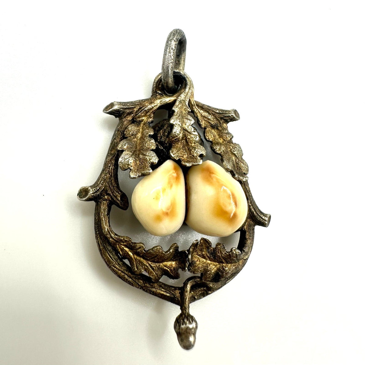 Antique Victorian Edwardian 800 silver real deer teeth acorn leaves pendant