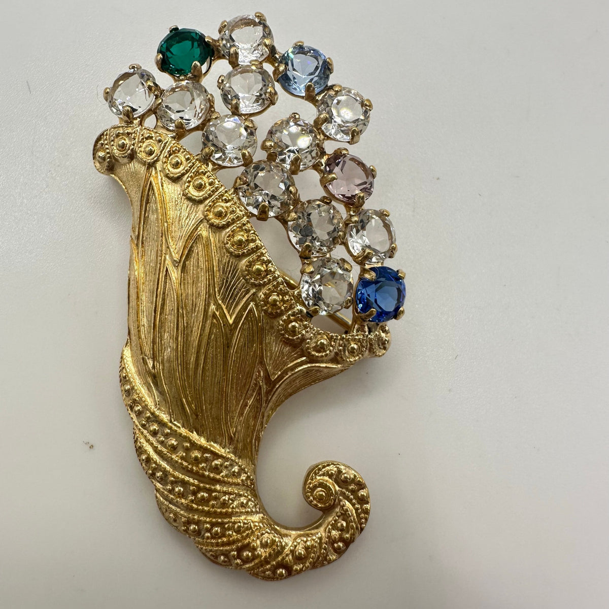 B. David vintage gold tone multicolor glass rhinestones cornucopia brooch
