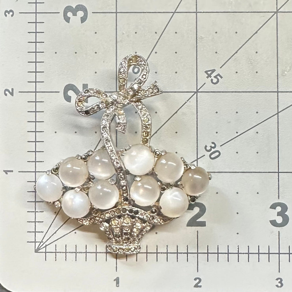 Coro 1941 silver rhodium plated white moonglow lucite rhinestones basket brooch