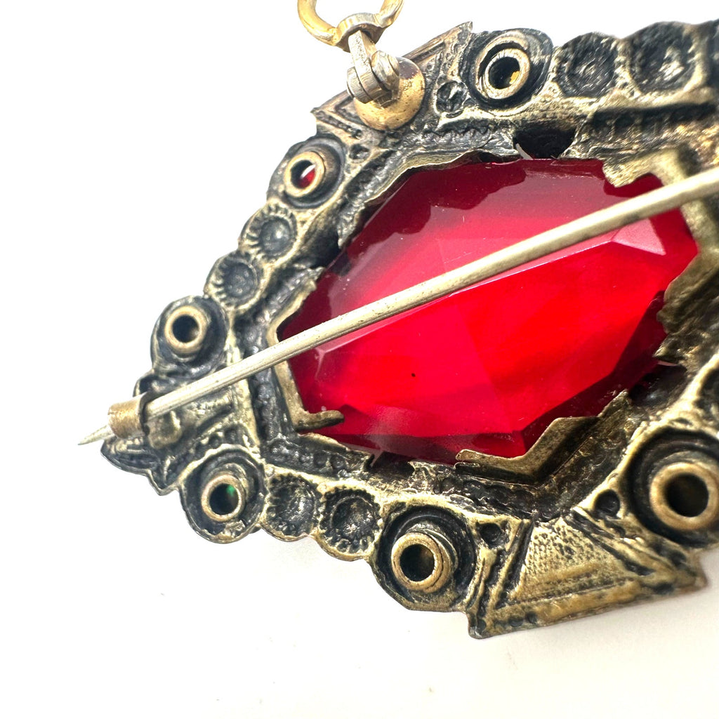 Antique Art Deco 1920s brass multicolor Czech glass rhinestones brooch pendant