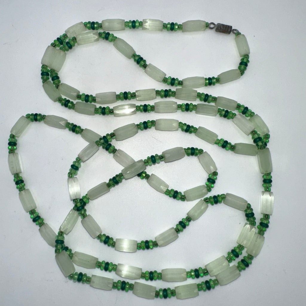 Antique vintage mint emerald green Czech satin art glass beaded 50" necklace