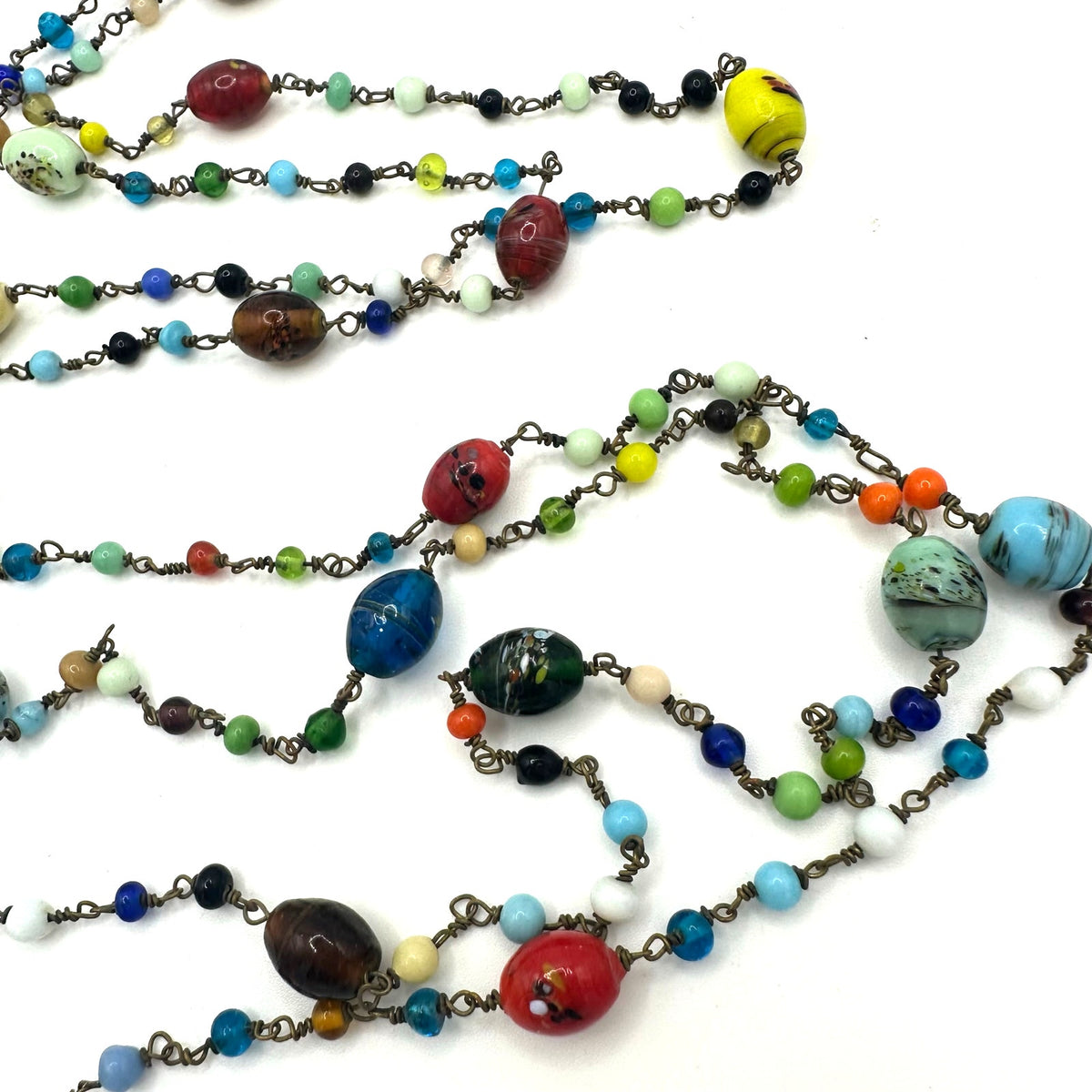 Antique Art Deco Czech art glass multicolor beads beaded brass 52" necklace