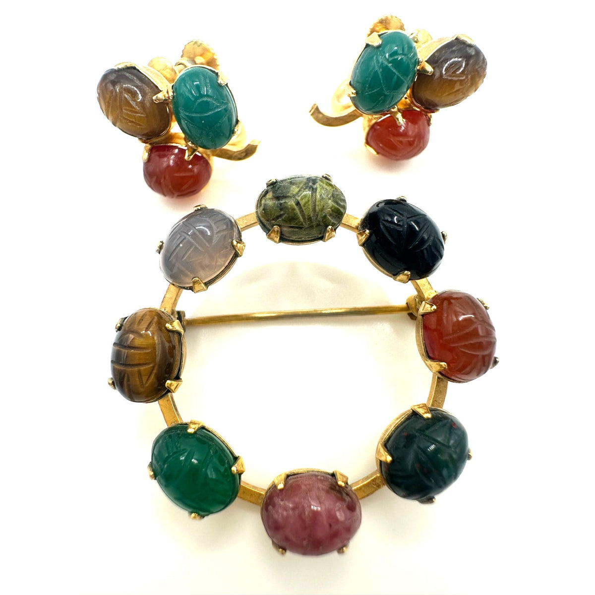 Vintage gold filled semiprecious scarab beetles screw back earrings brooch