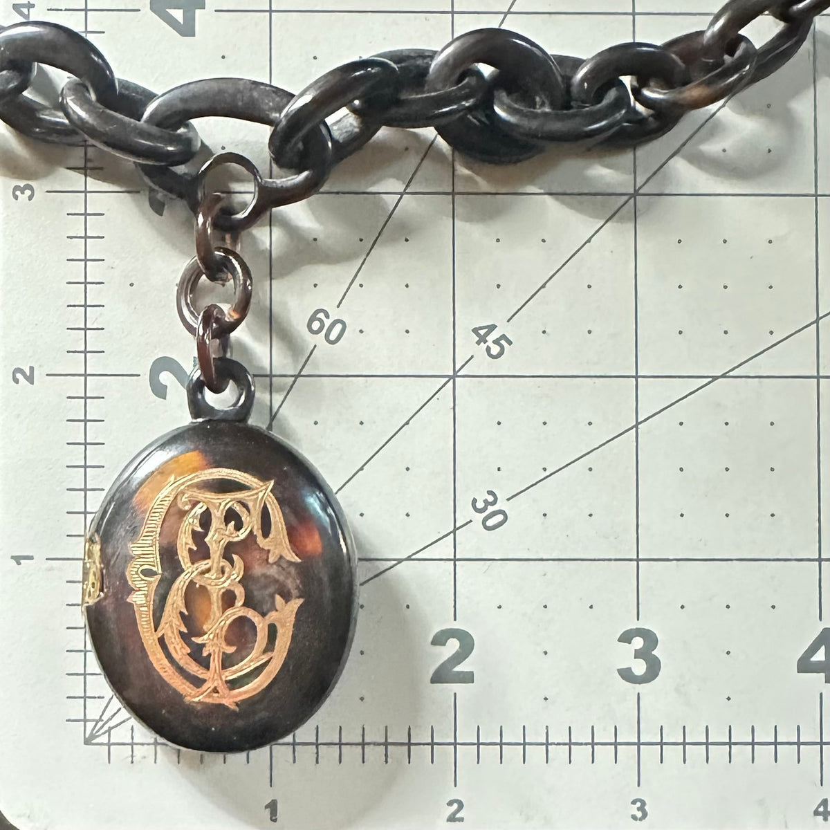 Antique Victorian 1800s Pique "faux" tortoise shell 14kt gold inlay locket chain