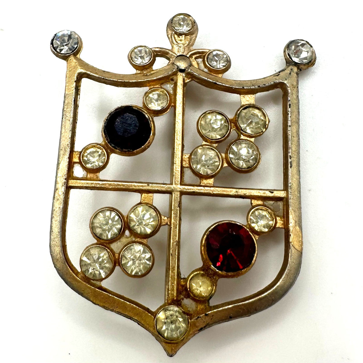 Vintage gold tone red clear rhinestone Heraldic shield crest coat of arms brooch