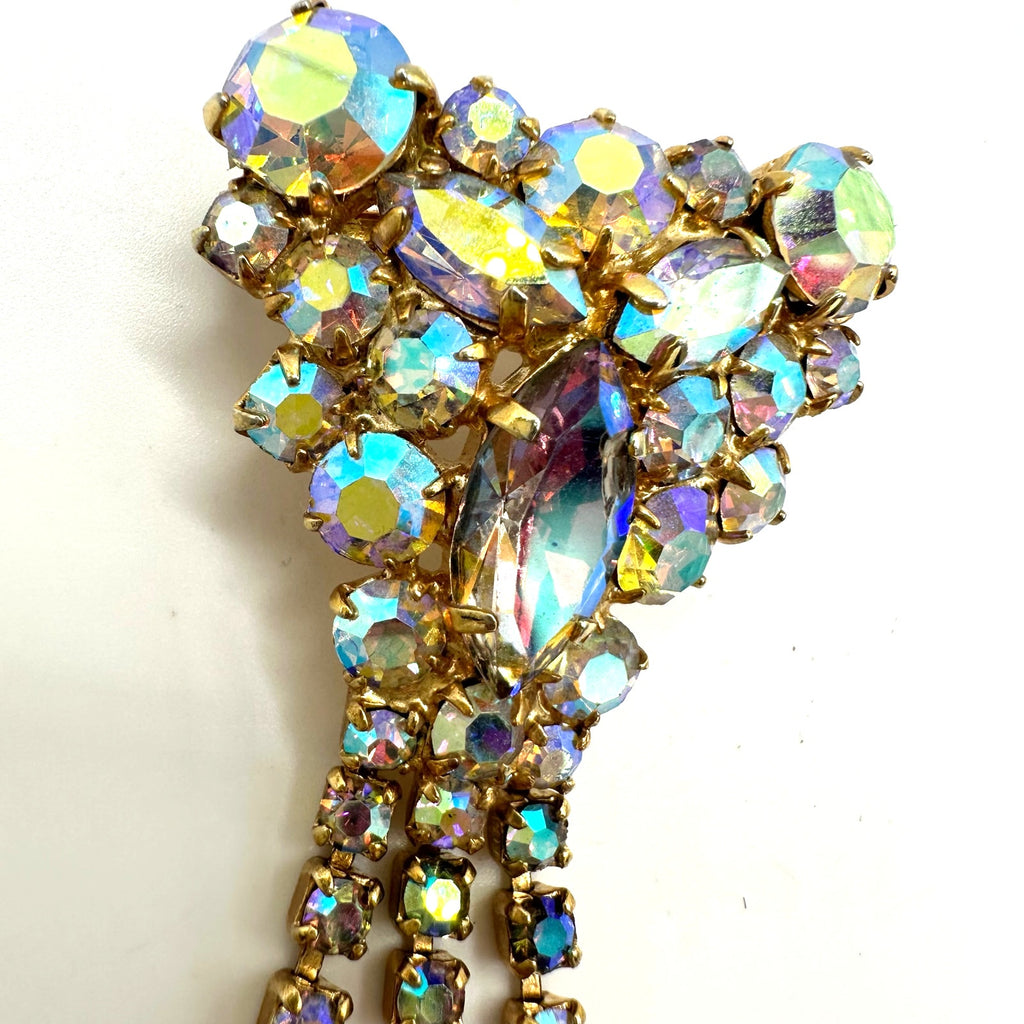 Vintage gold tone aurora borealis AB glass rhinestones fringe dangle brooch