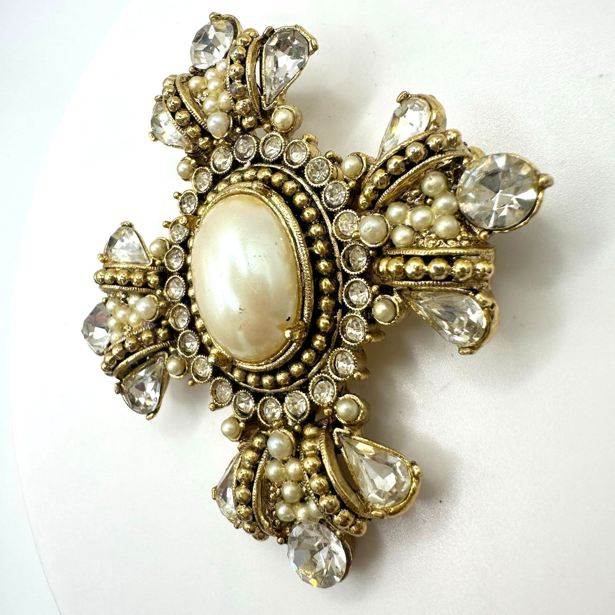 Vintage gold tone glass pearl cabochon clear rhinestones Maltese Cross brooch