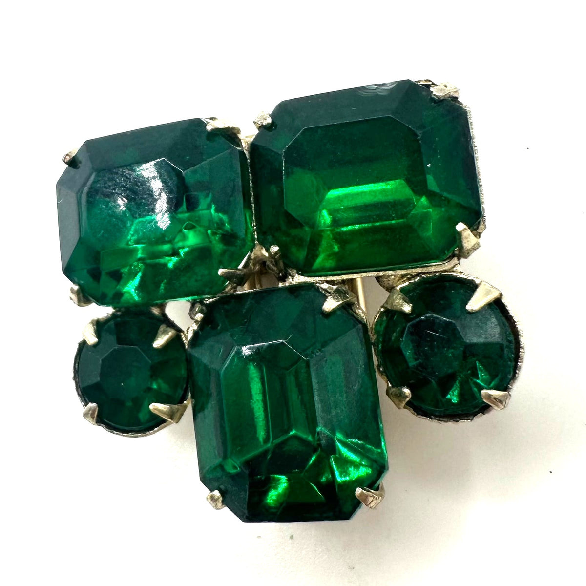 1930s 1940s antique Art Deco gold emerald green rhinestones dress fur clip