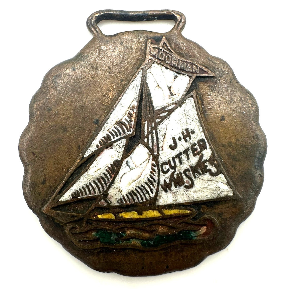 Antique 1800s 1900s J. H. Cutter Whiskies Moorman advertising pendant fob charm