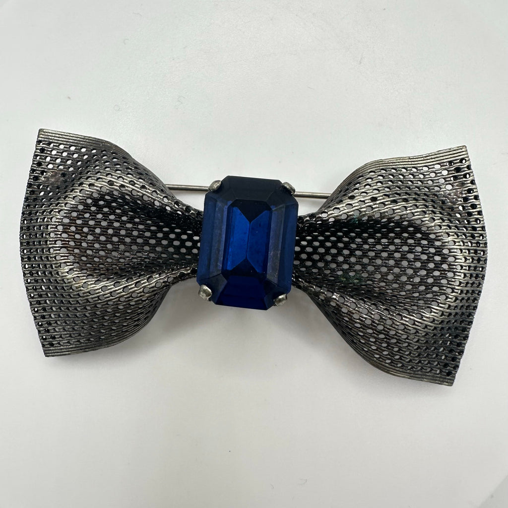 Vintage silver pewter tone mesh metal large blue glass rhinestone bow brooch