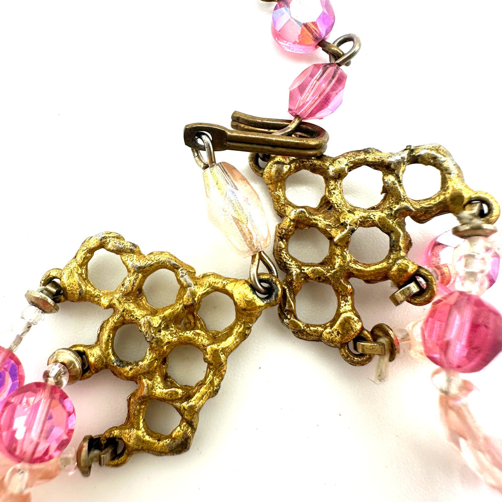 Vintage 3 triple multi strand pink AB aurora borealis glass beaded necklace