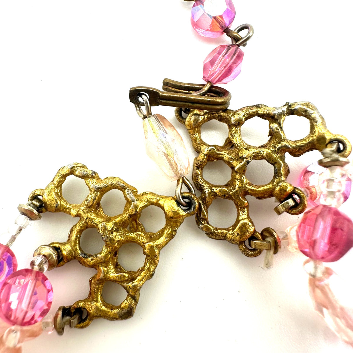 Vintage 3 triple multi strand pink AB aurora borealis glass beaded necklace