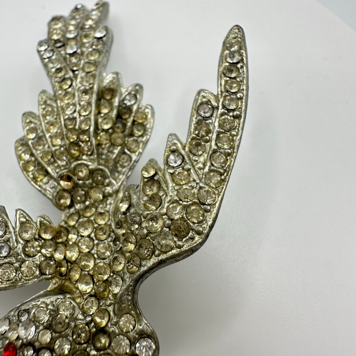 Antique Art Deco 1930s silver pot metal clear red rhinestones bird brooch